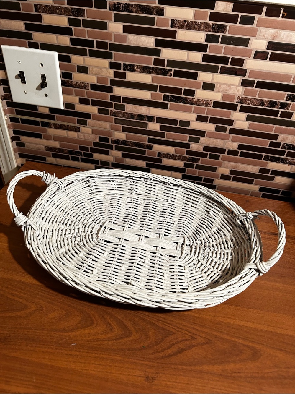 Vintage White Wicker Serve Tray with Handles - Home Accents